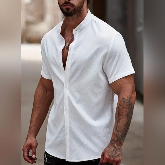Men's Casual Solid Short Sleeve Button Up Stand Collar Shirt, Men's size 2XL - Picture 3 of 6